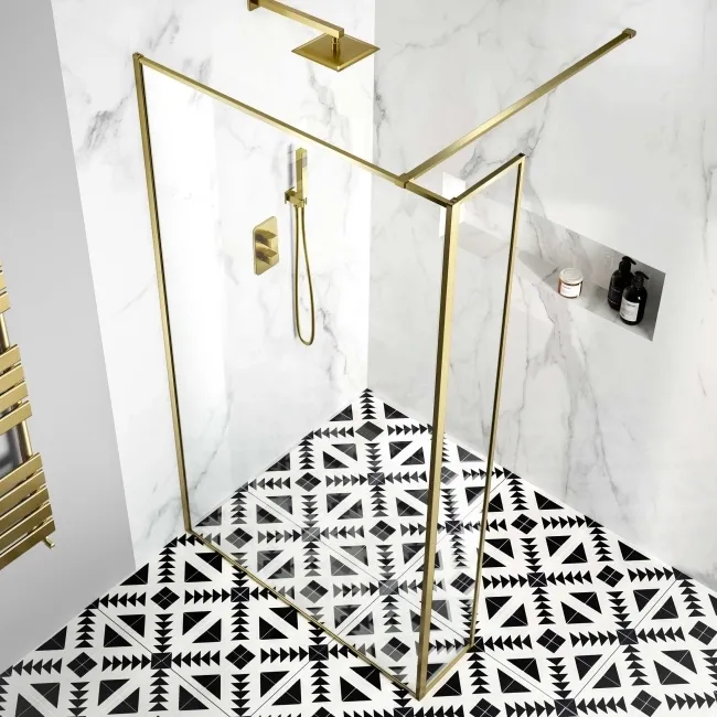 Munich Brushed Brass Framed 8mm Wet Room Shower Glass 1200mm & 250mm Return Panel