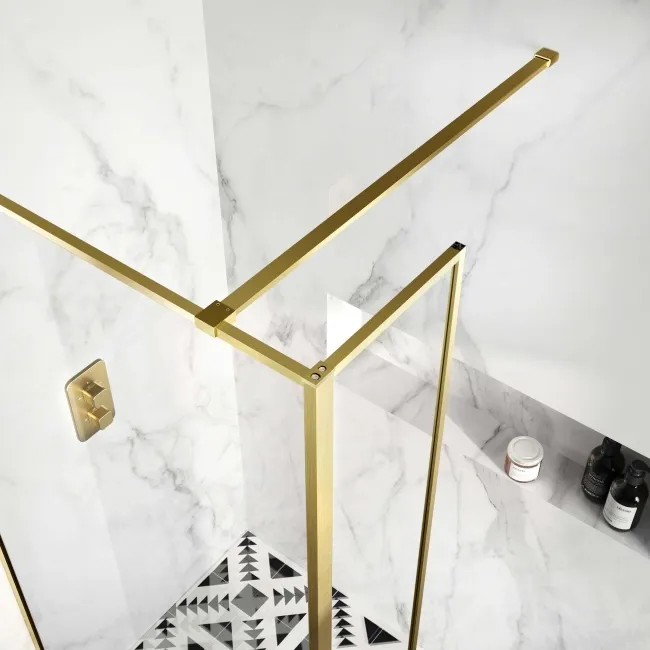 Munich Brushed Brass Framed 8mm Wet Room Shower Glass 1200mm & 250mm Return Panel