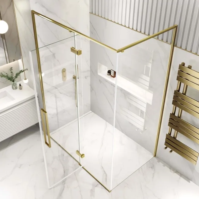 Helsinki Brushed Brass Premium Easy Clean 8mm Hinged Shower Enclosure 1400x900mm