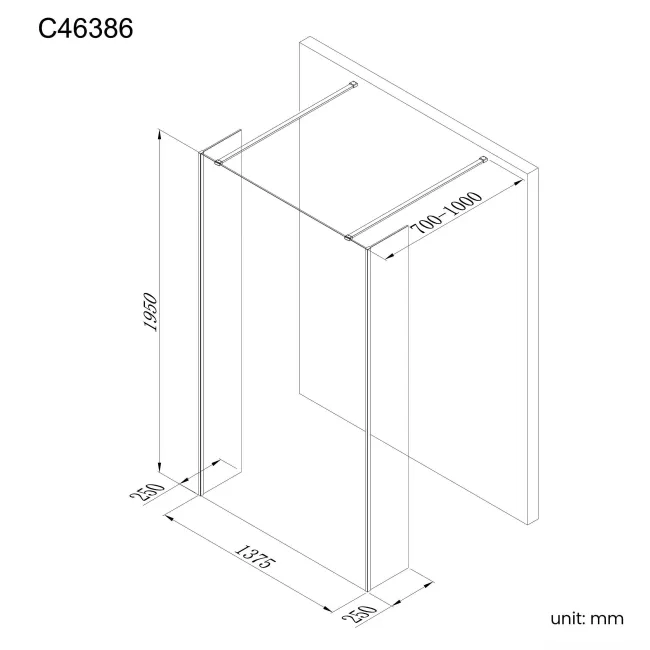 Munich Matt Black Framed 8mm Walk Through Wet Room Shower Glass Panel 1400mm & 250mm Return Panel