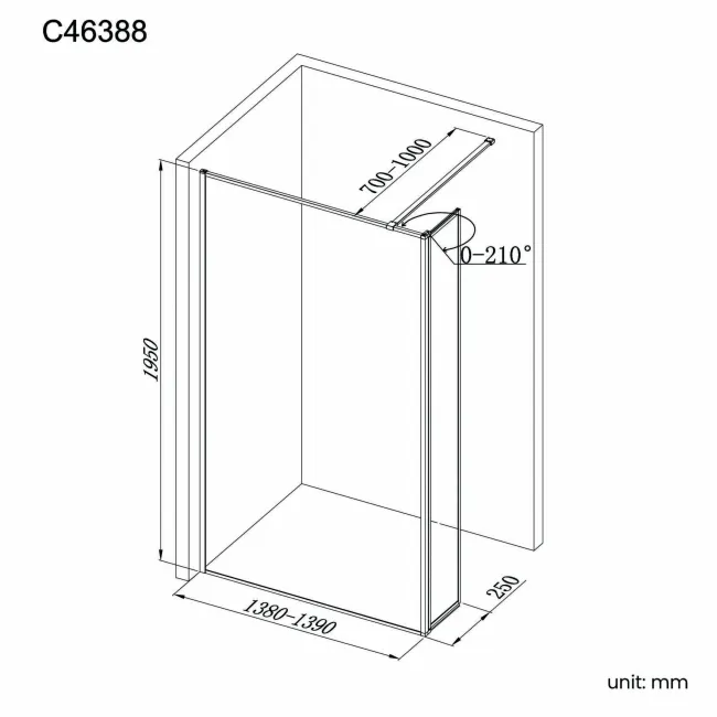 Munich Matt Black Framed 8mm Wet Room Shower Glass 1400mm & 250mm Pivotal Return Panel