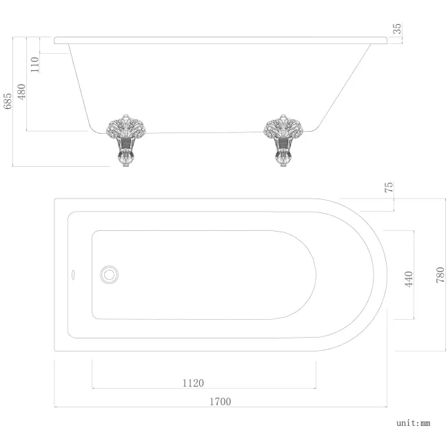 Abingdon 1700mm Single Ended Roll Top Bath - Chrome Ball Feet