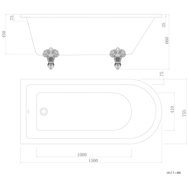 Abingdon 1500mm Single Ended Roll Top Bath - White Ball Feet