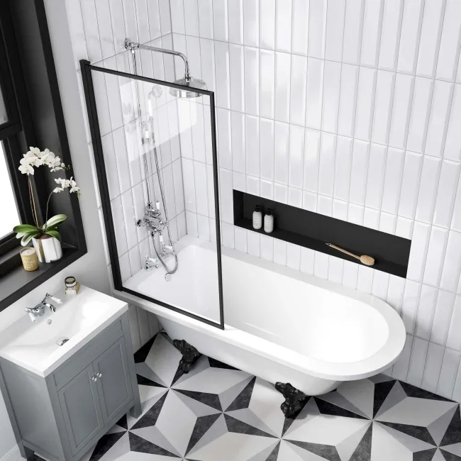 Abingdon 1700 Roll Top Shower Bath - Black Ball Feet & 6mm Easy Clean Matt Black Framed Screen