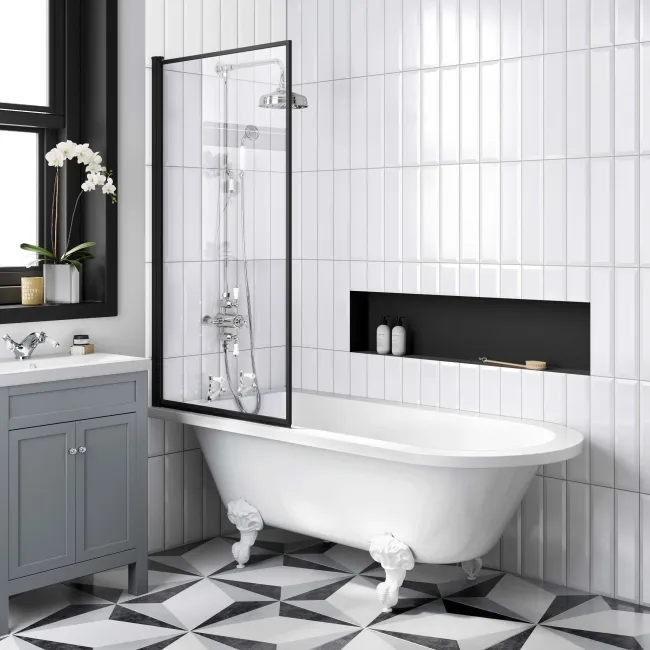 Abingdon 1700 Roll Top Shower Bath - White Ball Feet & 6mm Easy Clean Matt Black Framed Screen