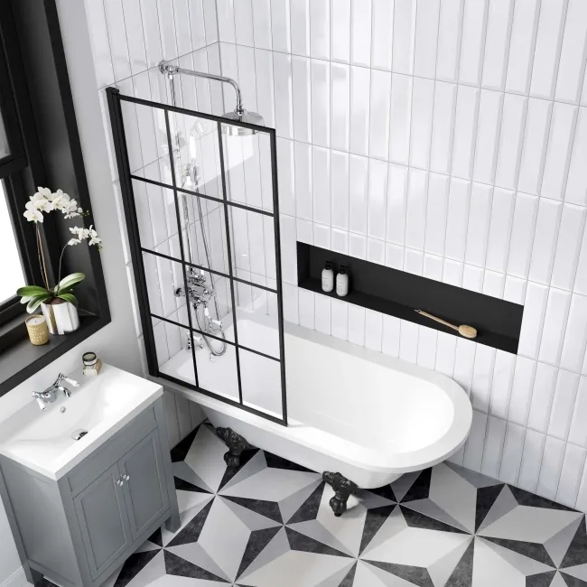 Abingdon 1500 Roll Top Shower Bath - Black Ball Feet & 6mm Easy Clean Matt Black Grid Screen