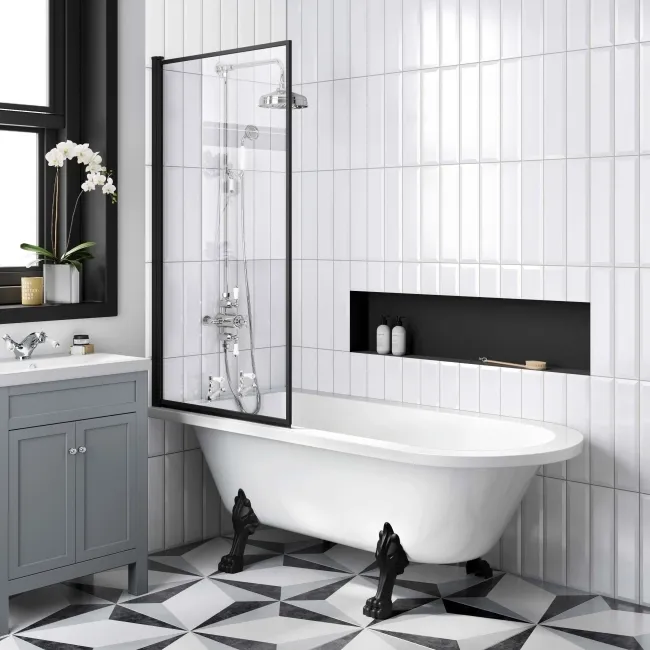 Abingdon 1700 Roll Top Shower Bath - Black Claw Feet & 6mm Easy Clean Matt Black Framed Screen