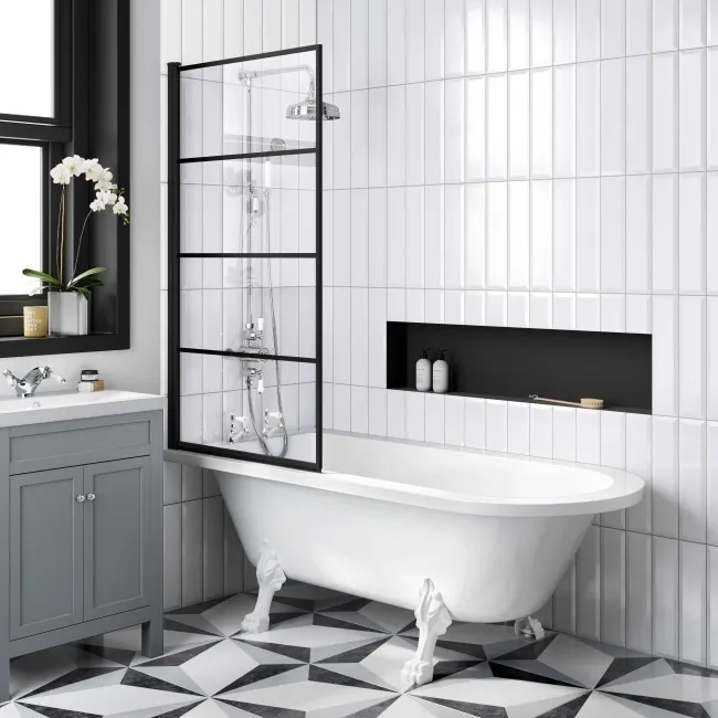 Abingdon 1700 Roll Top Shower Bath - White Claw Feet & 6mm Easy Clean Matt Black Grid Screen