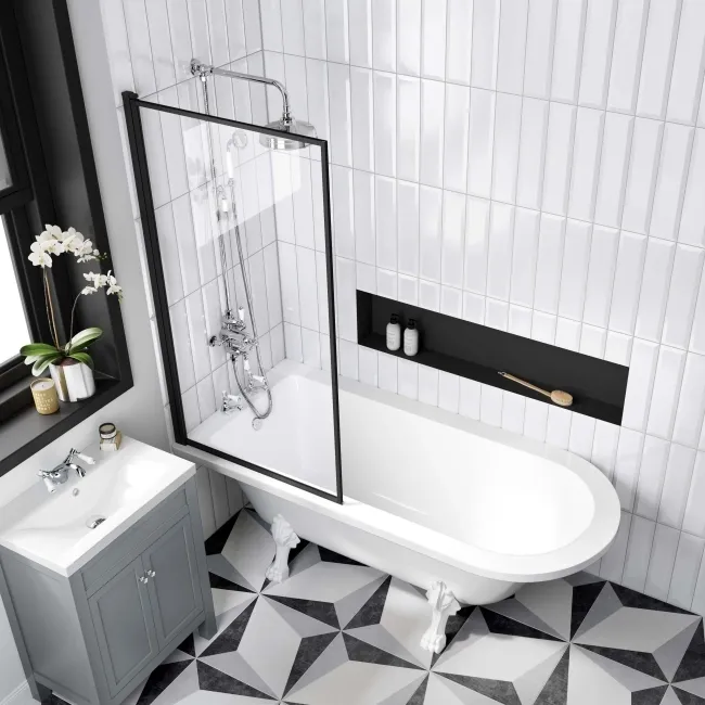 Abingdon 1700 Roll Top Shower Bath - White Claw Feet & 6mm Easy Clean Matt Black Framed Screen
