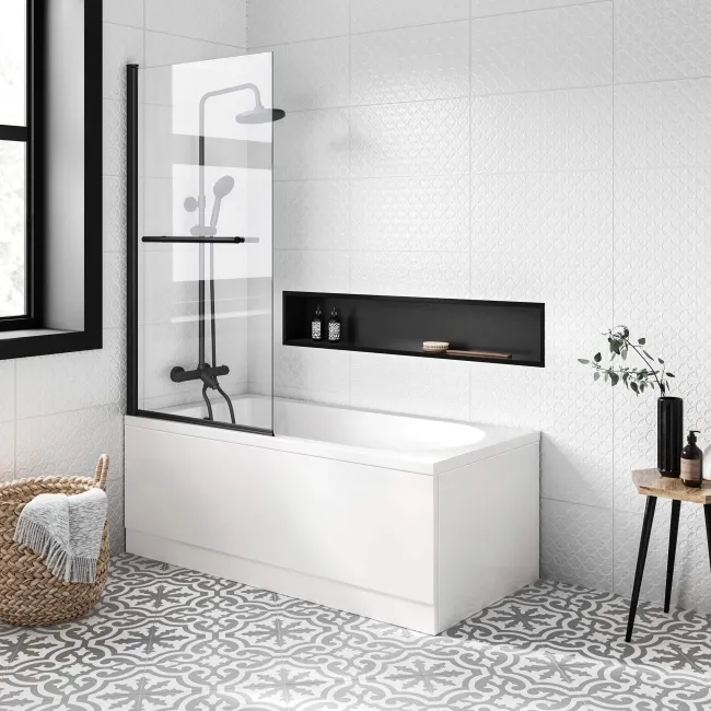 Stafford 1600x700 Shower Bath & 4mm Matt Black Screen with Rail