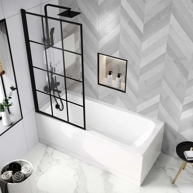 Hereford Square Shower Bath 1600x700 & 6mm Easy Clean Matt Black Grid Bath Screen