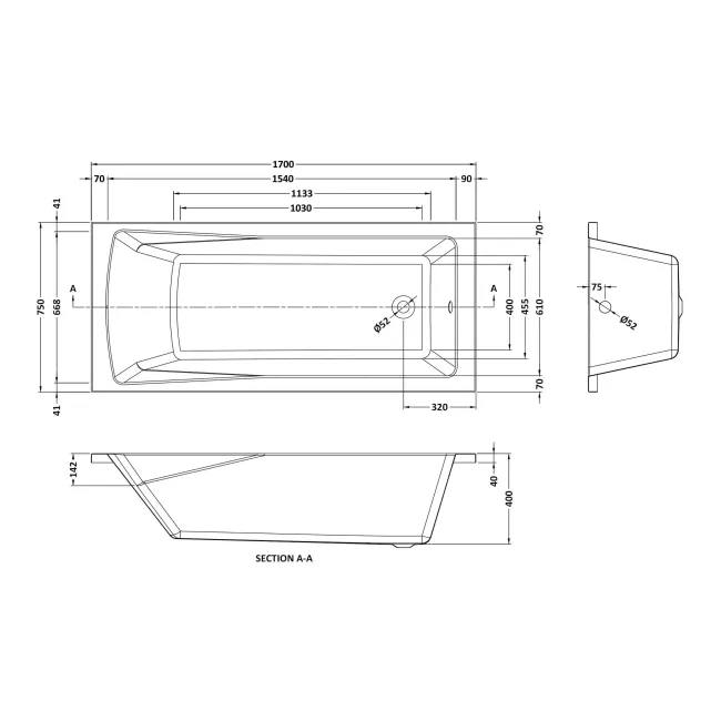 Hereford 1700x750 Square Shower Bath & 6mm Easy Clean Matt Black Framed Bath Screen