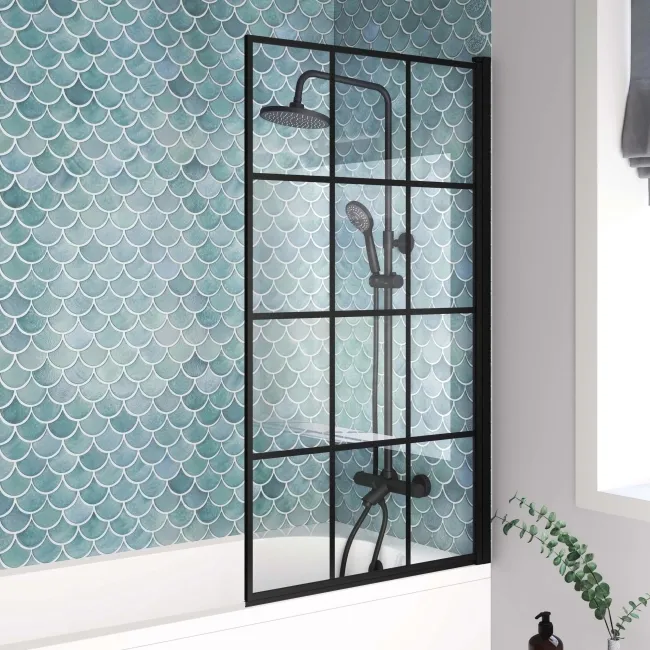 Oakham Space Saving Shower Bath 1700 & 6mm Easy Clean Matt Black Grid Bath Screen - Right Handed