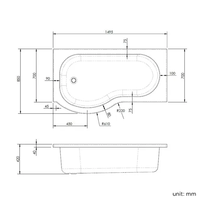 P Shaped 1500 Shower Bath with Front Panel & 4mm Screen - Left Handed