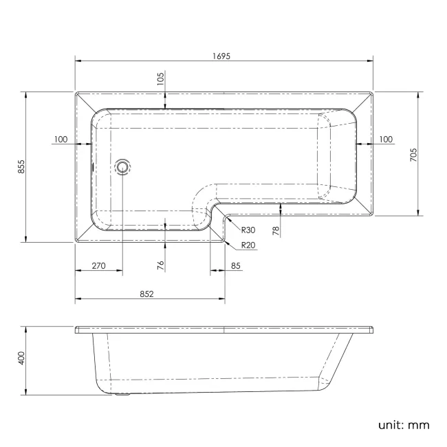 L Shaped 1700 Shower Bath & 4mm Fixed Screen - Left Handed