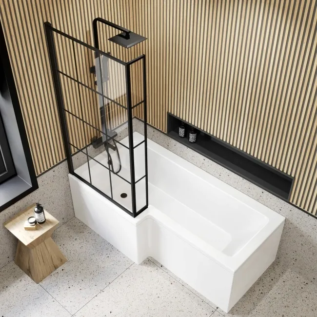 L Shaped 1700 Shower Bath & 6mm Easy Clean Matt Black Grid Bath Screen - Left Handed