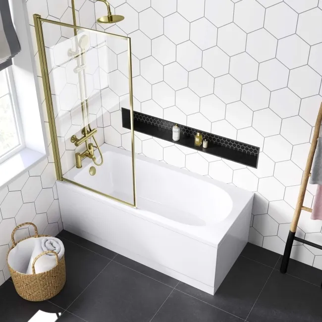 Stafford 1600x700 Round Shower Bath & 6mm Easy Clean Brushed Brass Framed Bath Screen