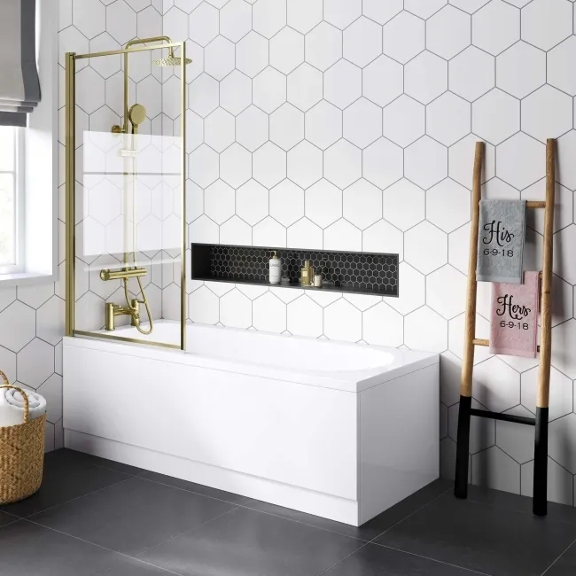 Stafford 1700x700 Round Shower Bath & 6mm Easy Clean Brushed Brass Framed Bath Screen