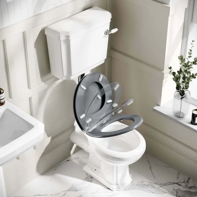 Hudson Traditional Low-Level Toilet With Dove Grey Seat & Pedestal Basin - Double Tap Hole