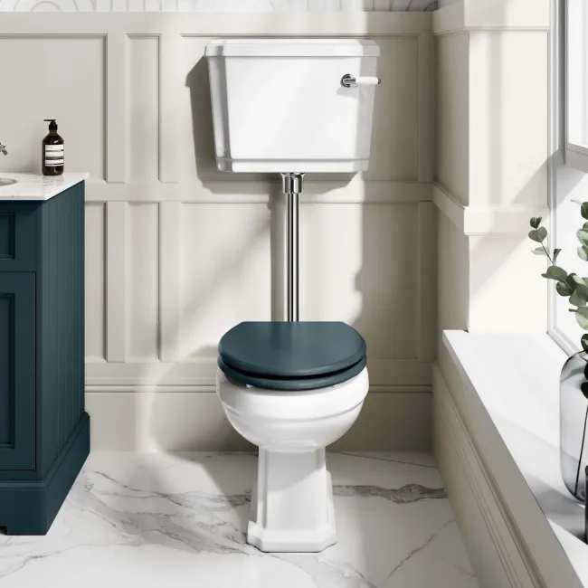 Hudson Traditional Toilet With Low-Level Cistern and Inky Blue Wooden Seat