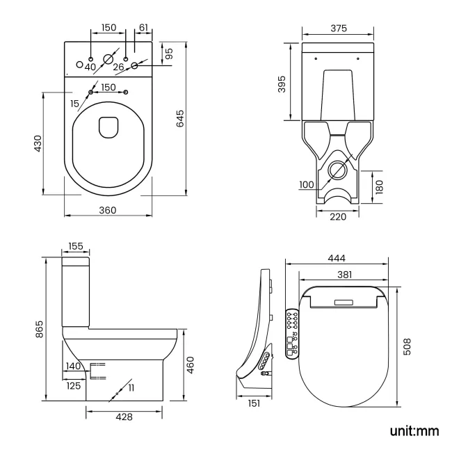 Denver Rimless Comfort Height Close Coupled Toilet With Smart Bidet Seat