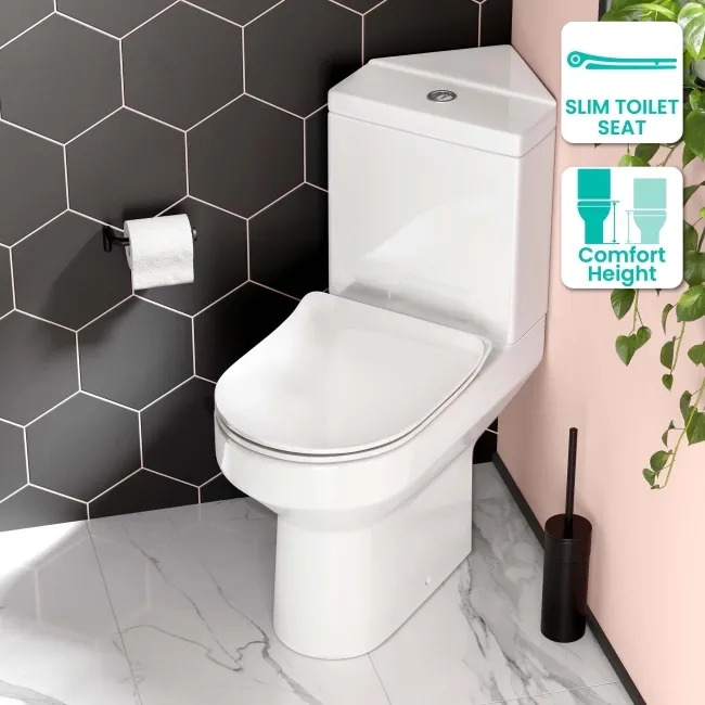 Denver Rimless Comfort Height Close Coupled Corner Toilet With Soft Close Slim Seat