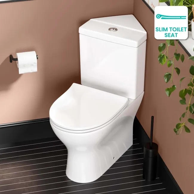 Orlando Rimless Fully Back to Wall Close Coupled Corner Toilet With Soft Close Slim Seat