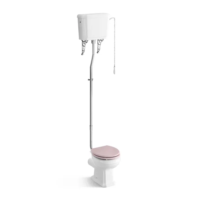 Hudson Traditional Toilet With High-Level Cistern and Cashmere Pink Wooden Seat