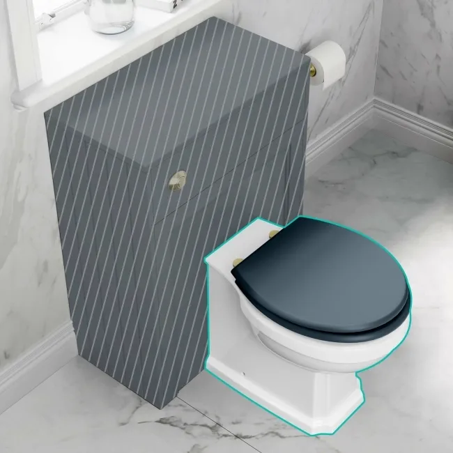 Hudson Traditional Back To Wall Toilet With Inky Blue Wooden Seat - Brushed Brass Hinges