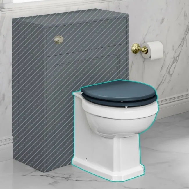 Hudson Traditional Back To Wall Toilet With Inky Blue Wooden Seat - Brushed Brass Hinges