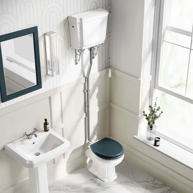 Hudson Traditional High-Level Toilet With Inky Blue Seat & Pedestal Basin - Single Tap Hole