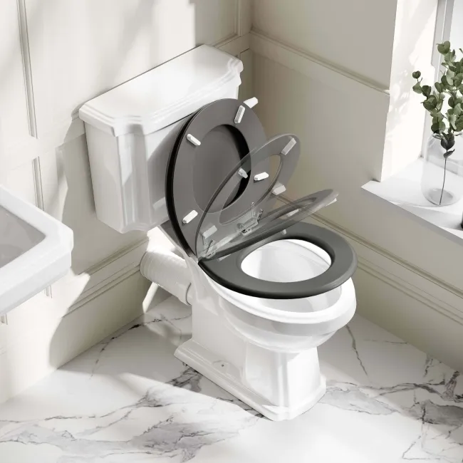 Hudson Traditional Toilet With Graphite Grey Seat & Pedestal Basin Set - Double Tap Hole