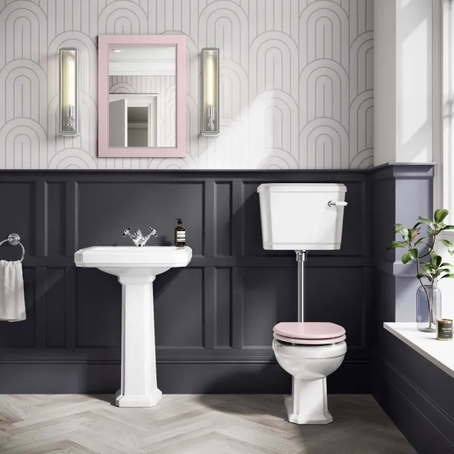 Hudson Traditional Low-Level Toilet With Cashmere Pink Seat & Pedestal Basin - Single Tap Hole