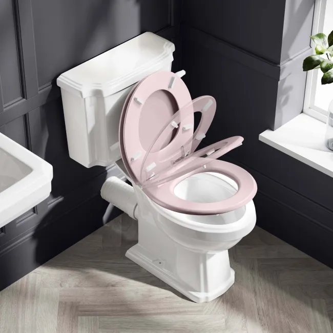 Hudson Traditional Toilet With Cashmere Pink Seat & Pedestal Basin Set - Double Tap Hole