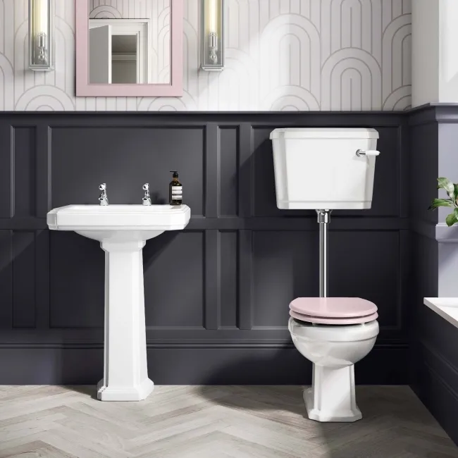 Hudson Traditional Low-Level Toilet With Cashmere Pink Seat & Pedestal Basin - Double Tap Hole