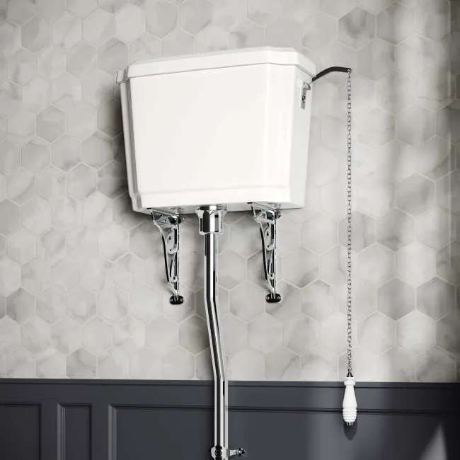 Hudson Traditional High-Level Toilet With Cotton White Seat & Pedestal Basin - Double Tap Hole