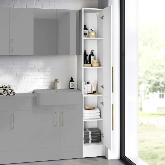 Harper Gloss White Floor Standing Tall Cabinet 1900x300mm - Brushed Brass Accents