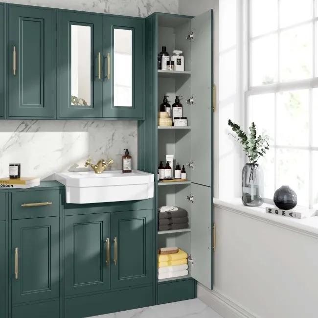 Monaco Midnight Green Floor Standing Tall Cabinet Unit 1900x300mm - Brass Knurled Handles