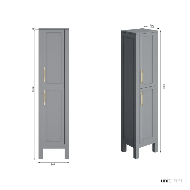 Bermuda Dove Grey Floor Standing Tall Cabinet 1500x350mm - Brass Knurled Handles