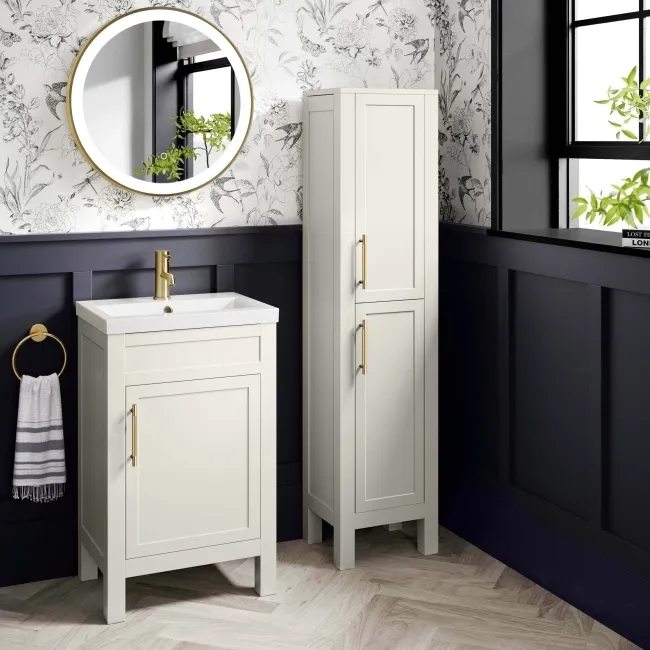 Bermuda Chalk White Floor Standing Tall Cabinet 1500x350mm - Brass Knurled Handles