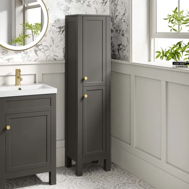 Bermuda Graphite Grey Floor Standing Tall Cabinet 1500x350mm - Brushed Brass Accents