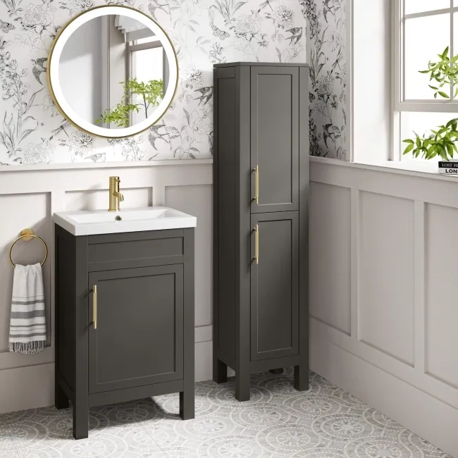 Bermuda Graphite Grey Floor Standing Tall Cabinet 1500x350mm - Brass Knurled Handles