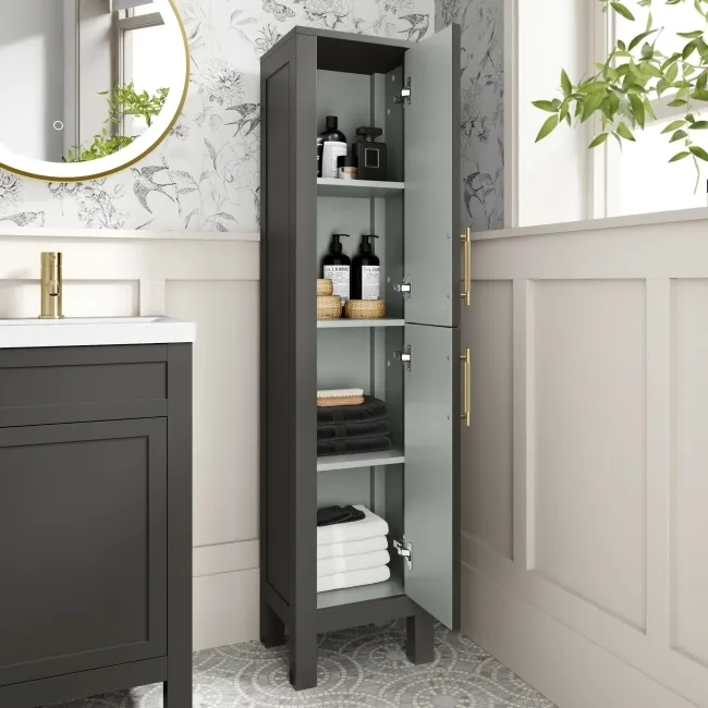 Bermuda Graphite Grey Floor Standing Tall Cabinet 1500x350mm - Brass Knurled Handles