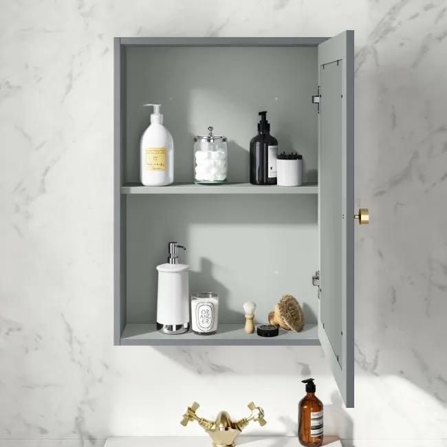 Dove Grey Mirror Cabinet 700x500mm - Brushed Brass Accents