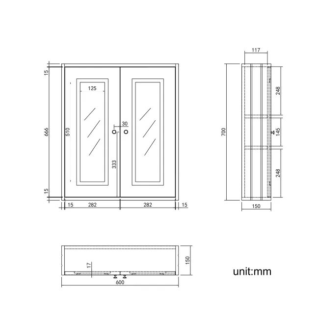 Dove Grey Wall Hung Mirror Cabinet 700x600mm - Brushed Brass Accents