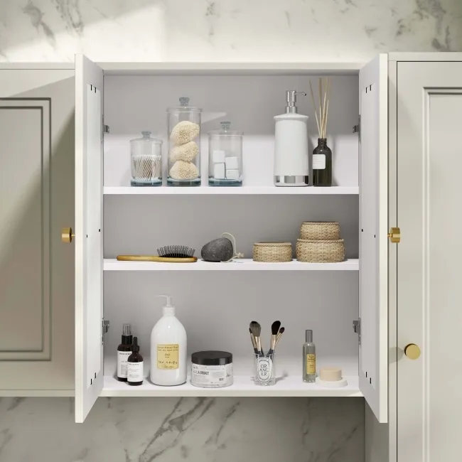 Chalk White Wall Hung Mirror Cabinet 700x600mm - Brushed Brass Accents