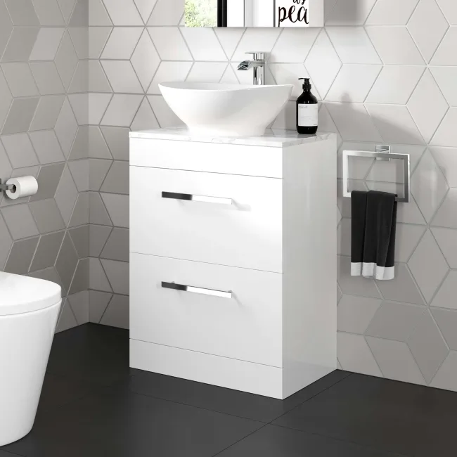 Avon Gloss White Vanity Drawer with Marble Top & Oval Counter Top Basin 600mm