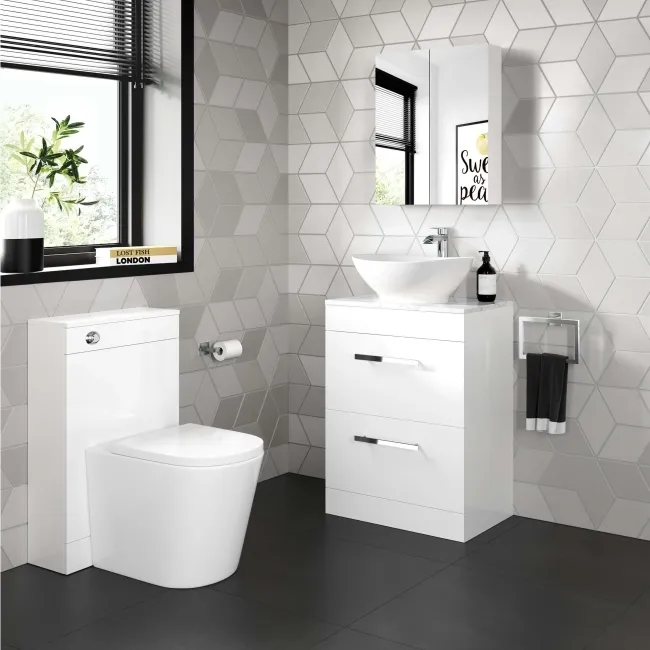 Avon Gloss White Vanity Drawer with Marble Top & Oval Counter Top Basin 600mm