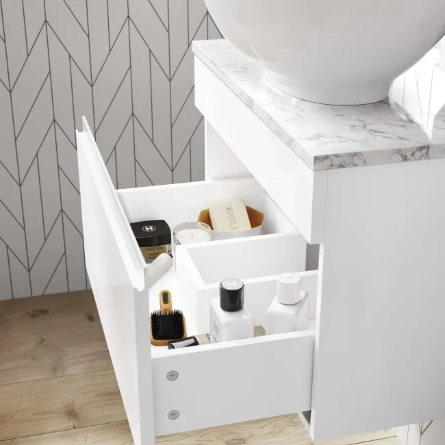 Trent Gloss White Wall Hung Drawer Vanity with Marble Top & Oval Counter Top Basin 600mm