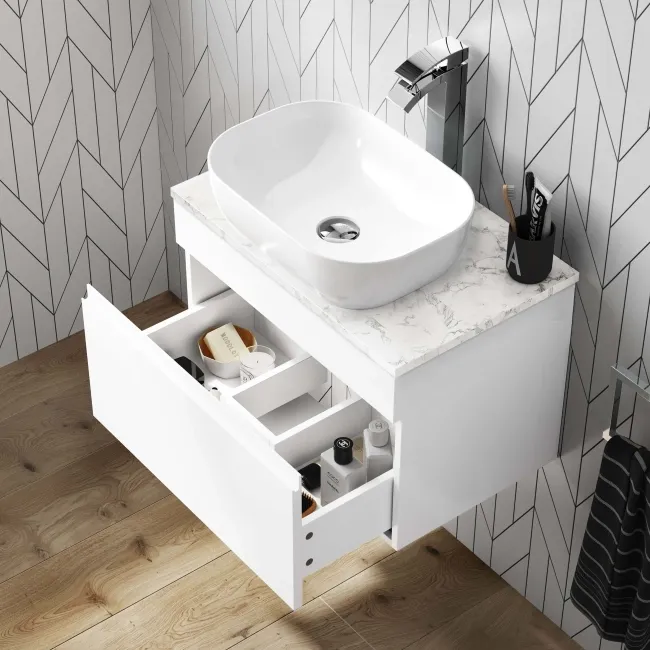 Trent Gloss White Wall Hung Drawer Vanity with Marble Top & Curved Counter Top Basin 600mm